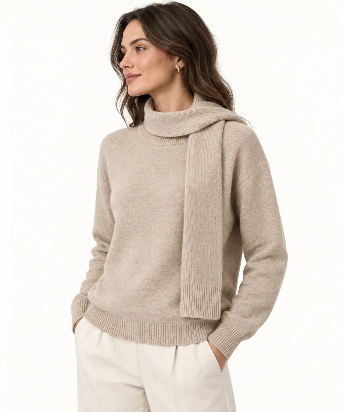 Womens Scarf-Collar Knit Sweater - side reference (AI development concept)