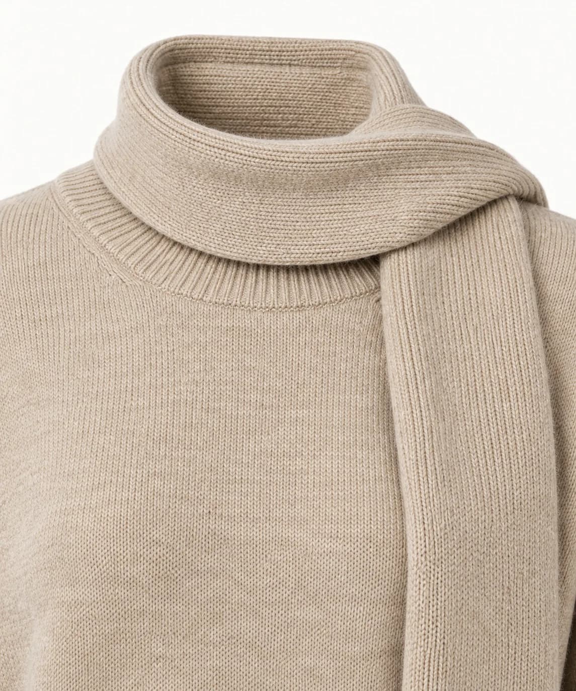 Womens Scarf-Collar Knit Sweater - trim reference (AI development concept)