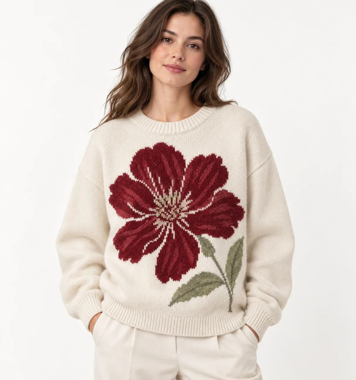 Women's Oversized Floral Intarsia Crew-Neck Sweater - model or use reference (AI development concept)