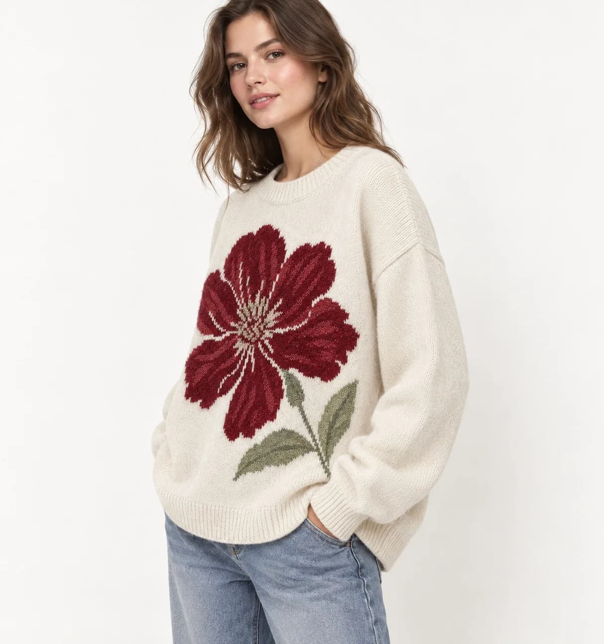 Women's Oversized Floral Intarsia Crew-Neck Sweater - side reference (AI development concept)