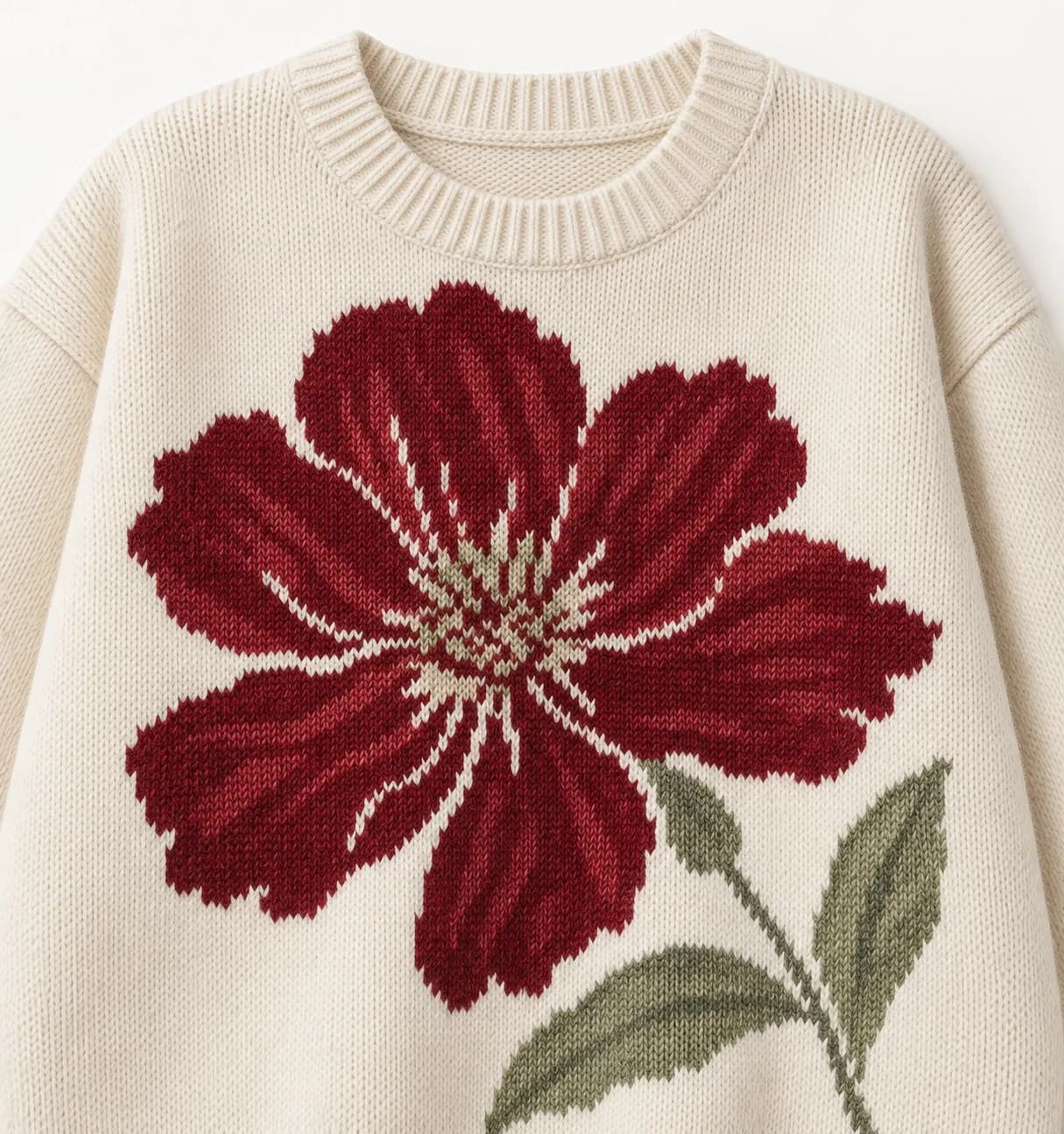 Women's Oversized Floral Intarsia Crew-Neck Sweater - trim reference (AI development concept)