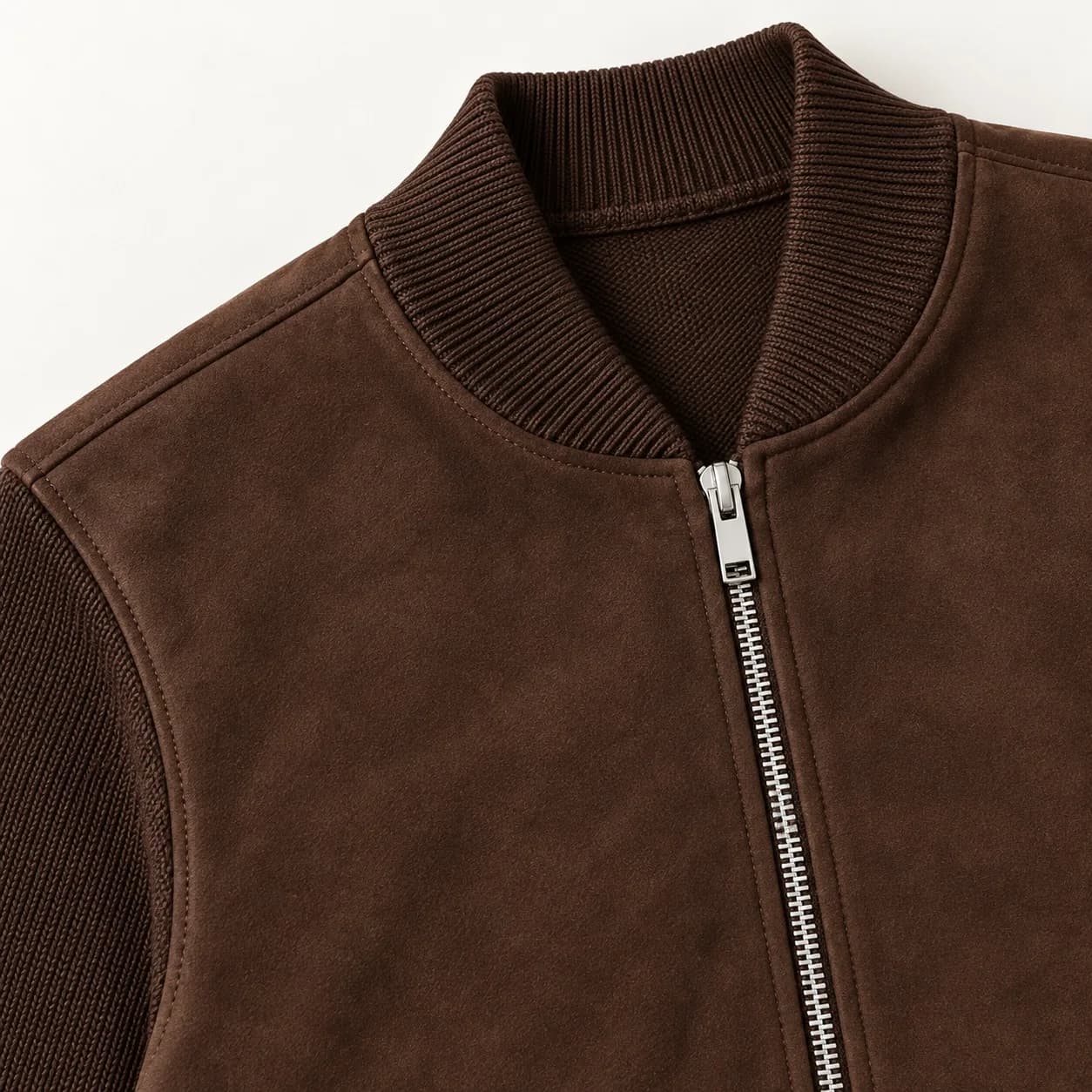 Men's Faux-Suede Front Hybrid Knit Bomber - trim reference (AI development concept)