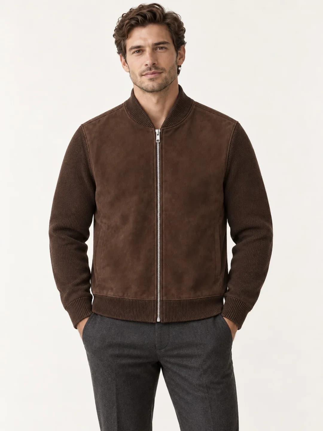 Men's Faux-Suede Front Hybrid Knit Bomber - model or use reference (AI development concept)