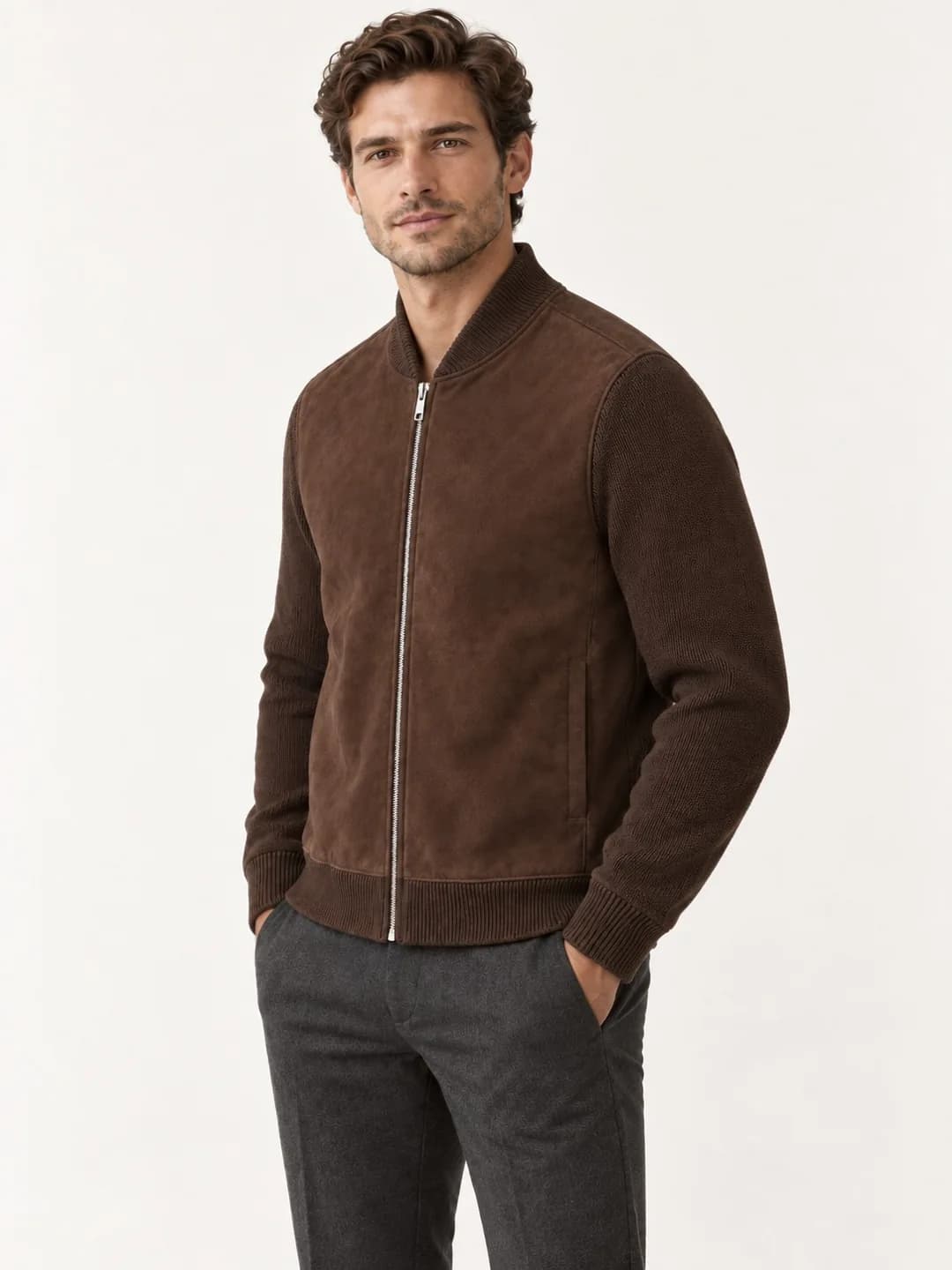 Men's Faux-Suede Front Hybrid Knit Bomber - side reference (AI development concept)