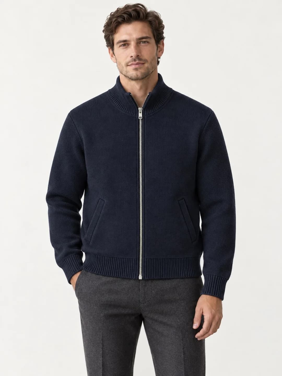 Men's Chunky Milano-Rib Knit Bomber - model or use reference (AI development concept)