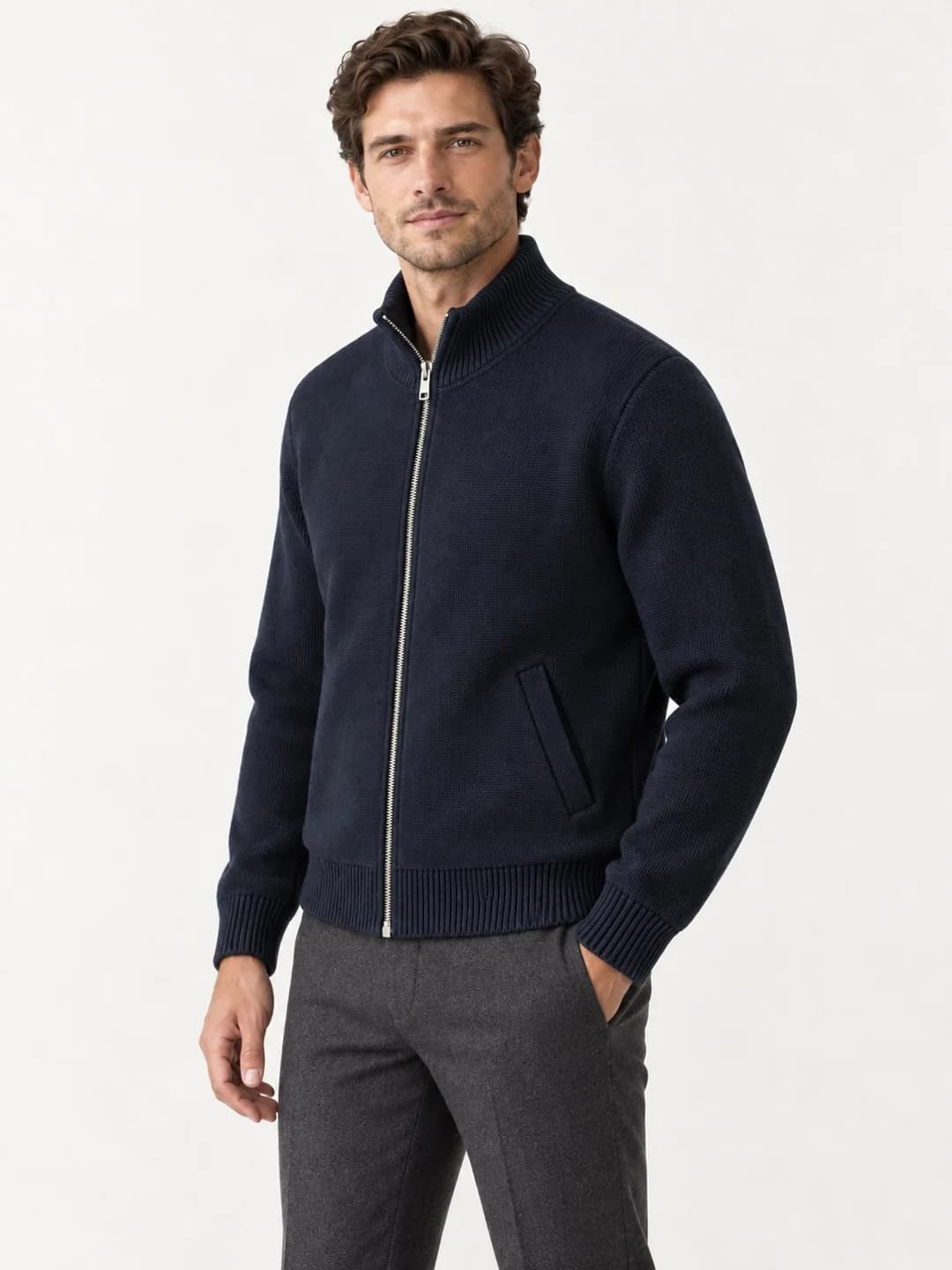 Men's Chunky Milano-Rib Knit Bomber - side reference (AI development concept)