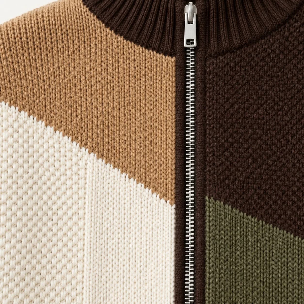 Men's Intarsia Patchwork Zip Jacket Development - texture reference (AI development concept)