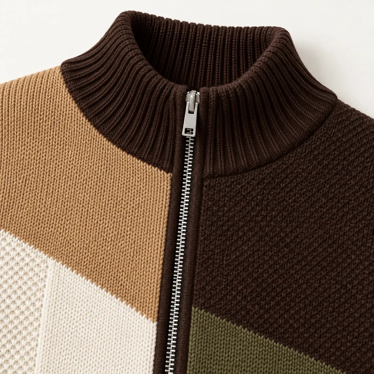 Men's Intarsia Patchwork Zip Jacket Development - trim reference (AI development concept)