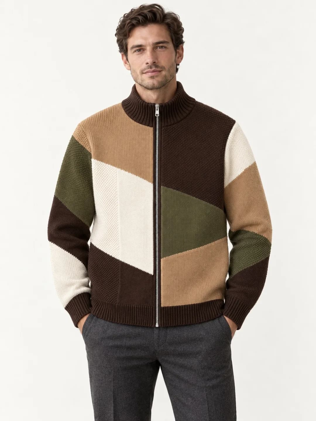 Men's Intarsia Patchwork Zip Jacket Development - model or use reference (AI development concept)