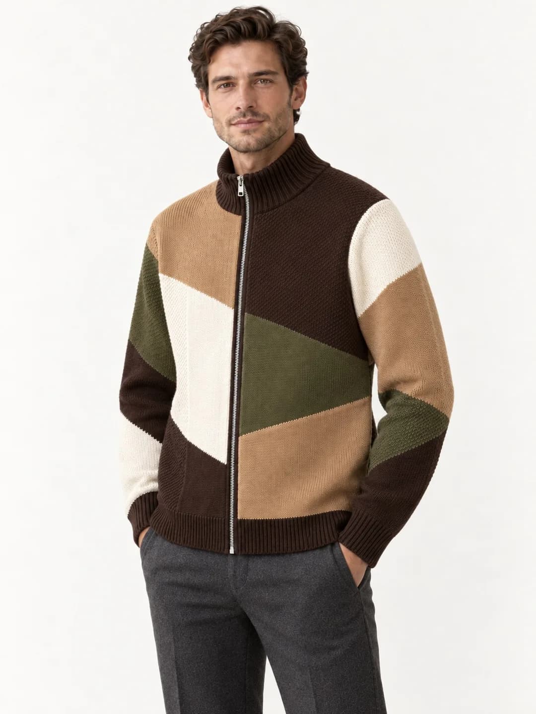 Men's Intarsia Patchwork Zip Jacket Development - side reference (AI development concept)