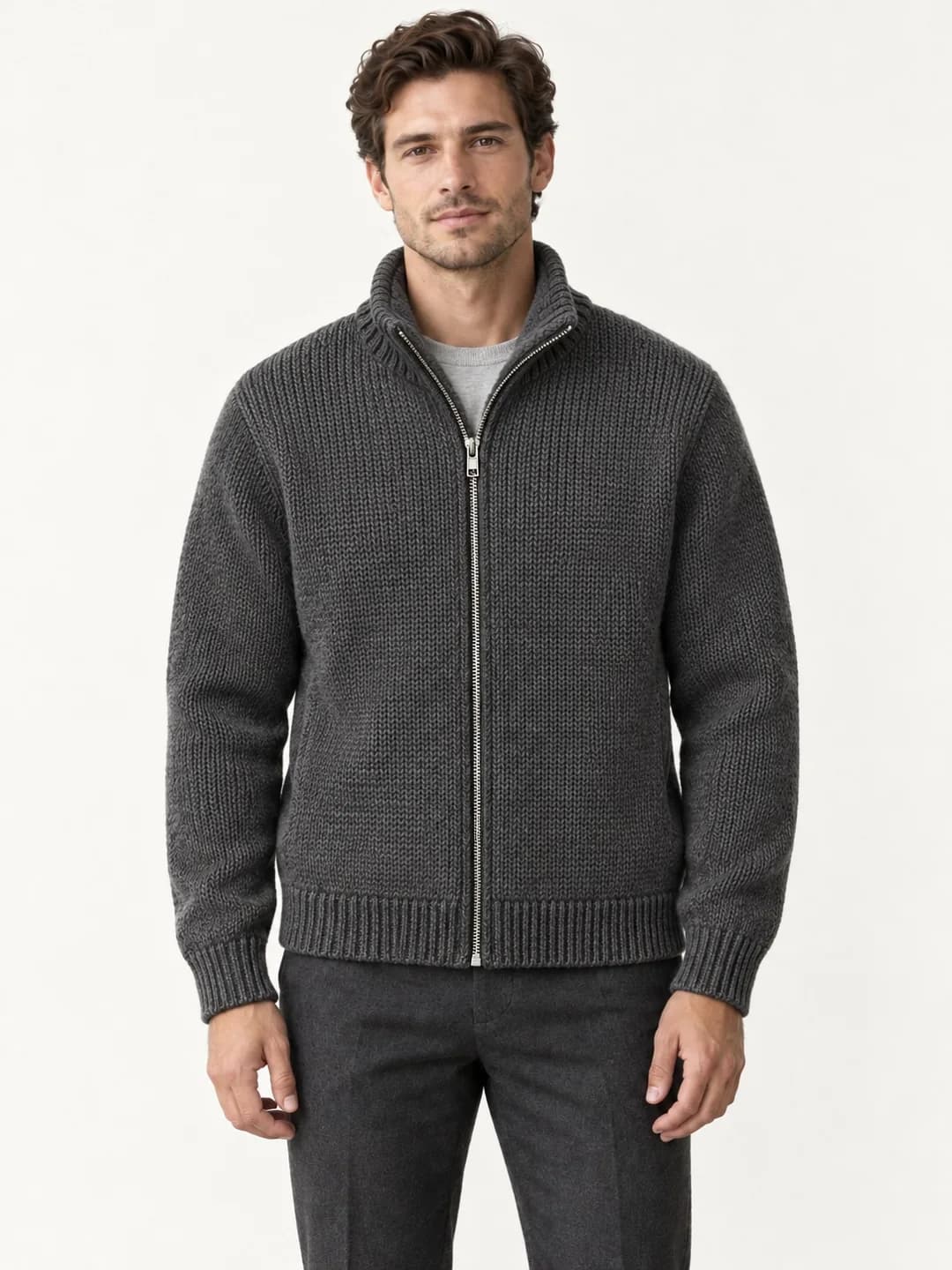Mens Fleece-Lined Knit Zip Jacket - model or use reference (AI development concept)