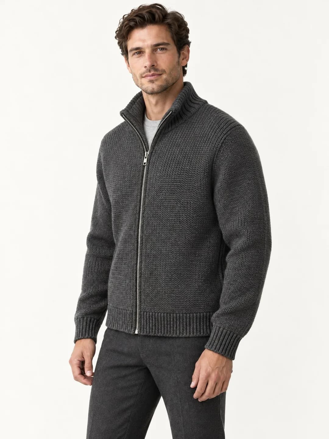 Mens Fleece-Lined Knit Zip Jacket - side reference (AI development concept)