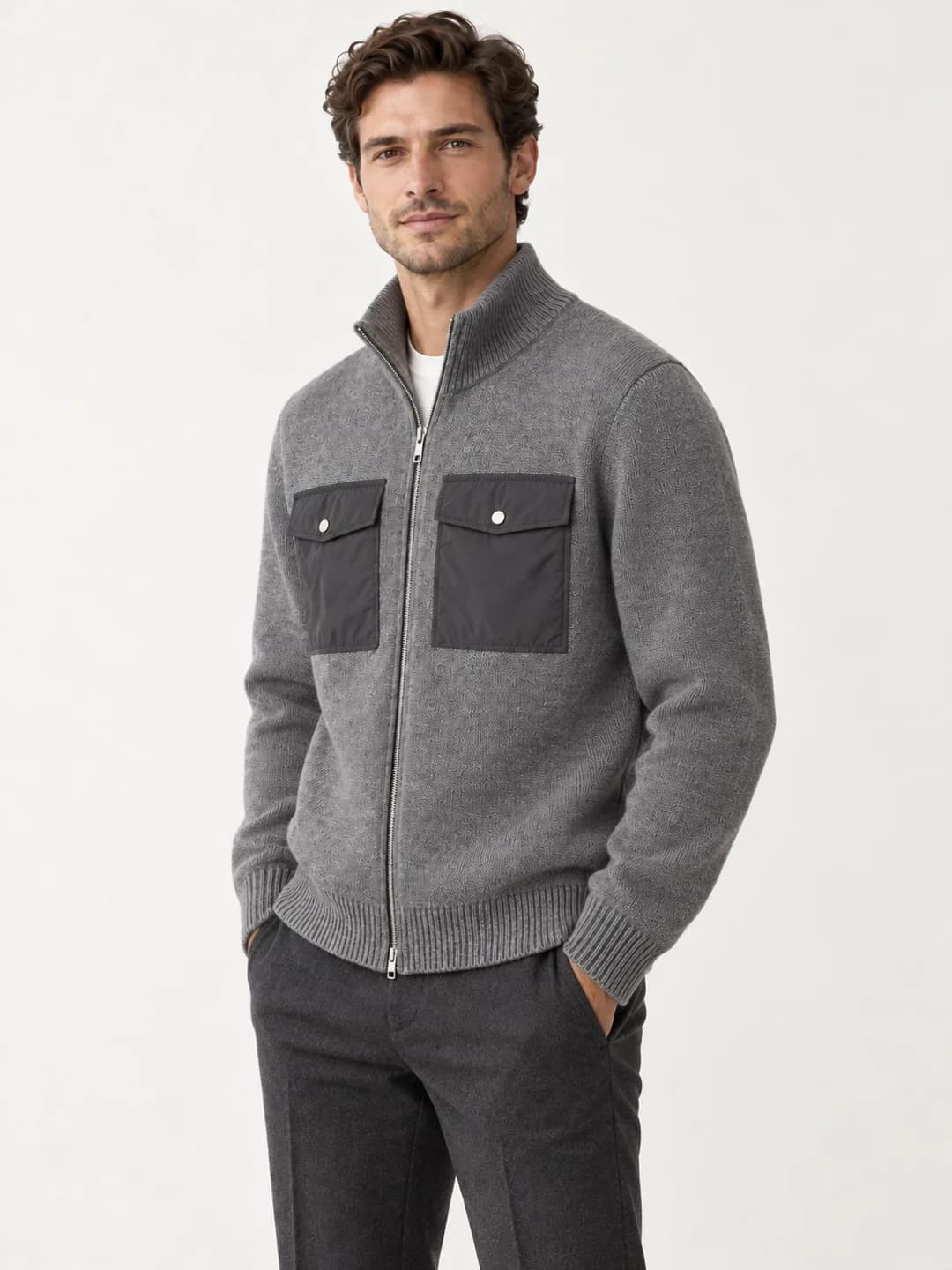 Men's Nylon-Pocket Knit Utility Jacket - side reference (AI development concept)