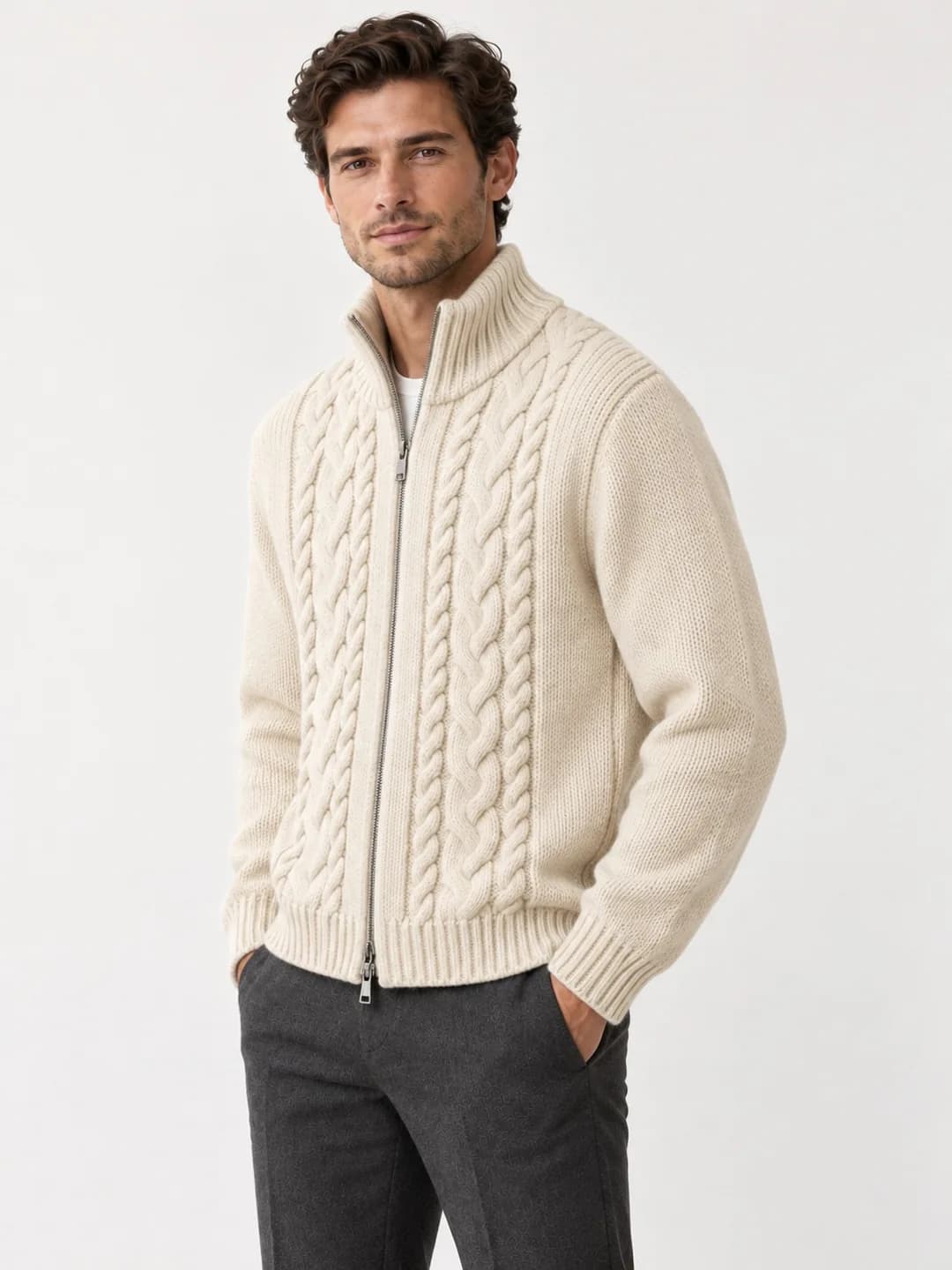 Men's Cable-Front Funnel-Neck Zip Jacket - side reference (AI development concept)