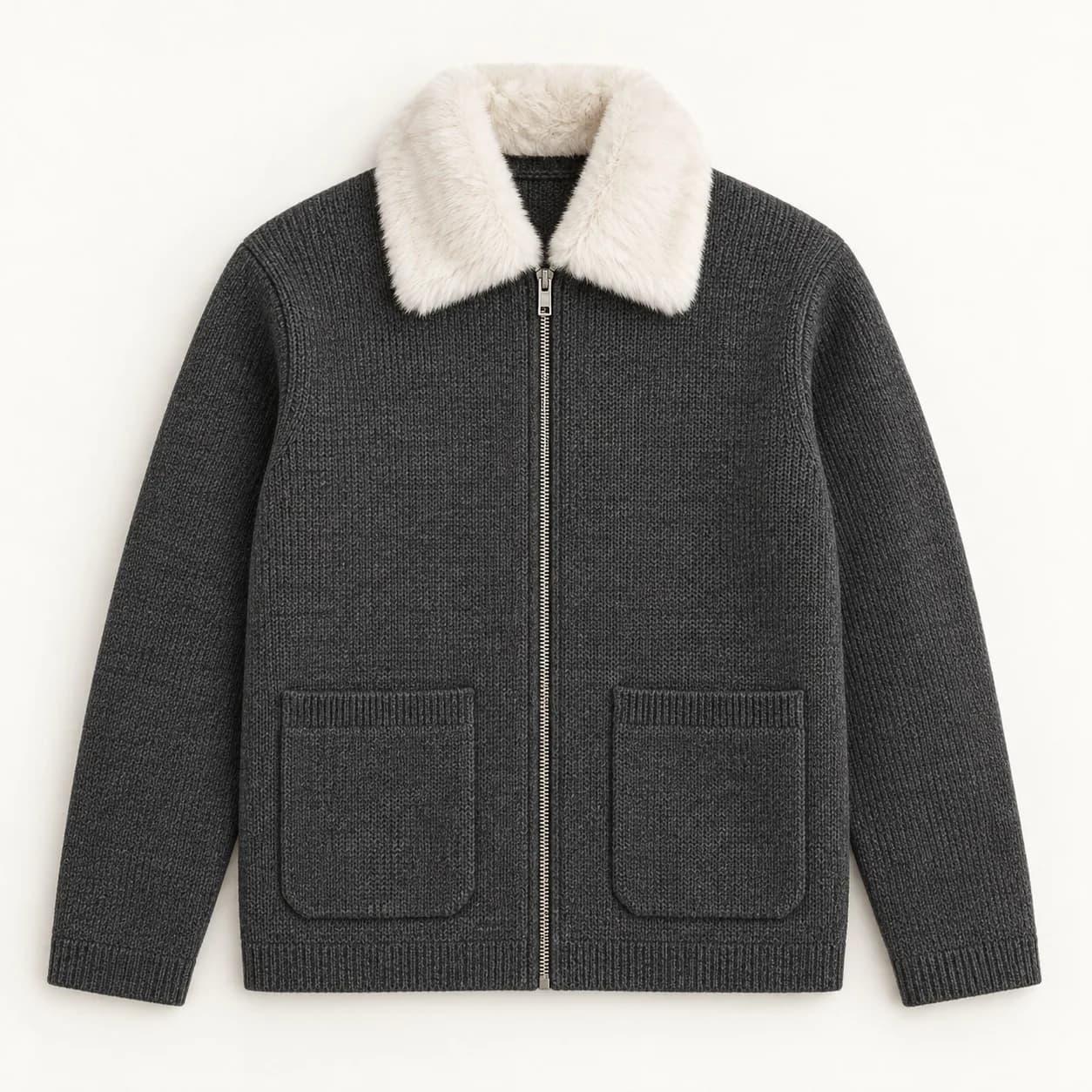 Men's Knit Zip Jacket with Removable Faux-Fur Collar - front reference (AI development concept)