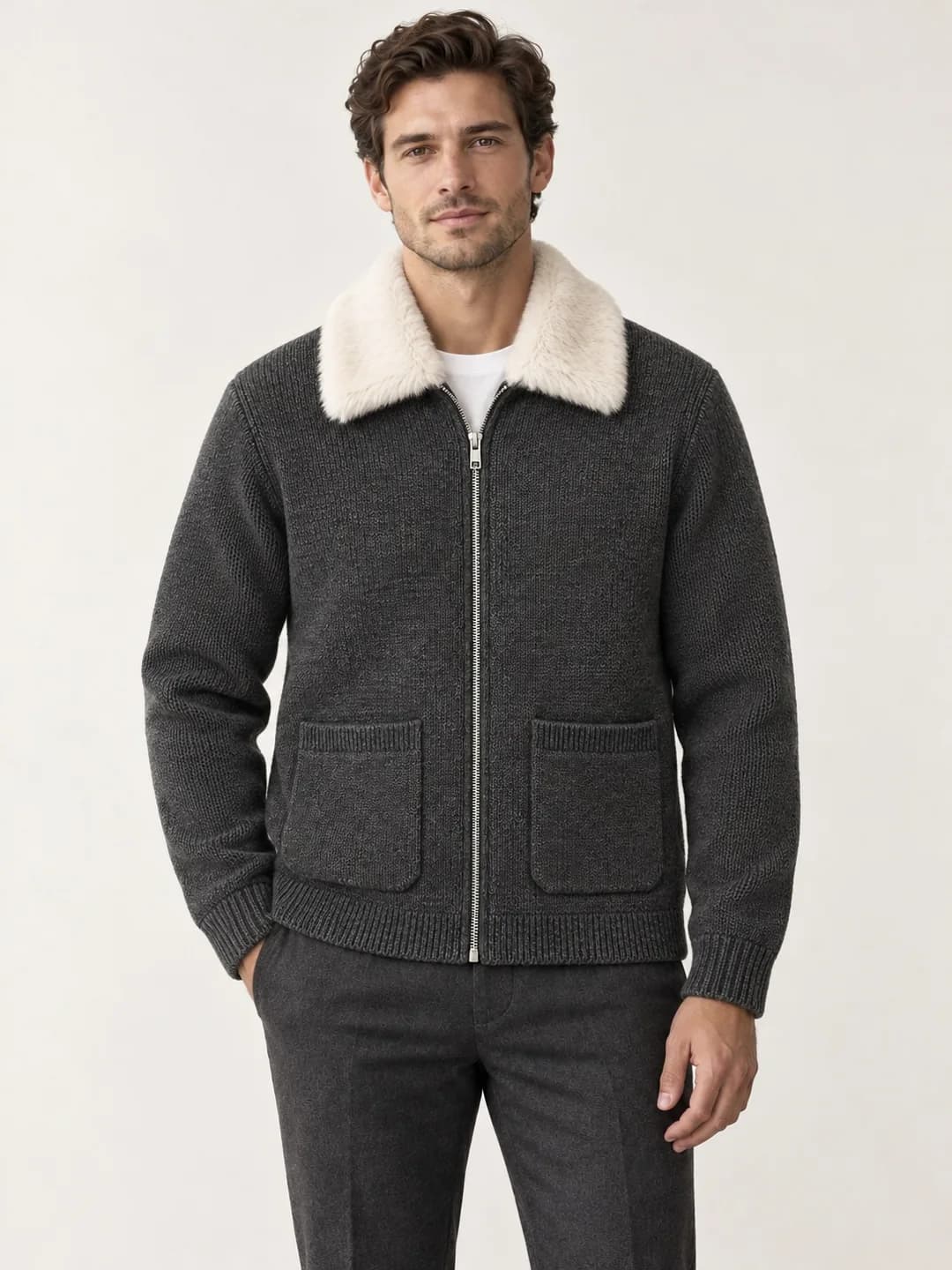 Men's Knit Zip Jacket with Removable Faux-Fur Collar - model or use reference (AI development concept)