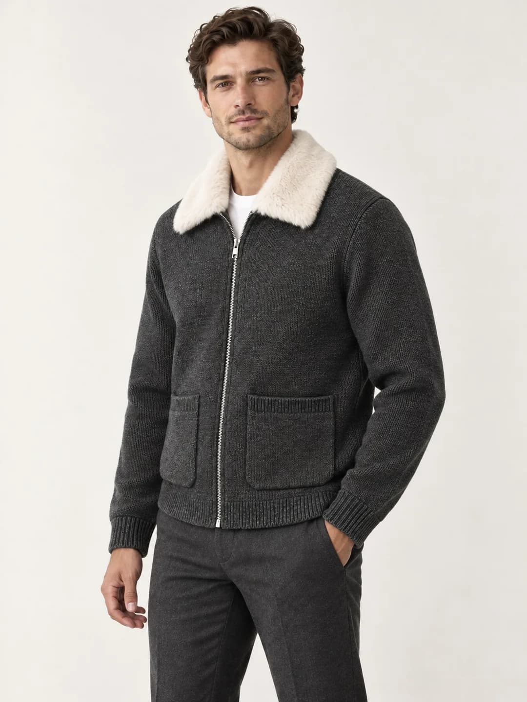 Men's Knit Zip Jacket with Removable Faux-Fur Collar - side reference (AI development concept)