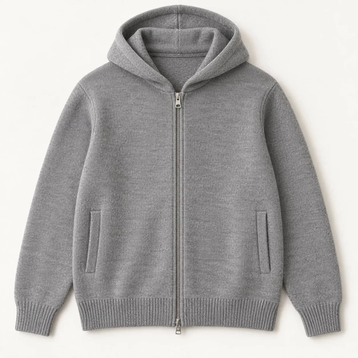 Men's Two-Way Zip Knit Hoodie Development - front reference (AI development concept)