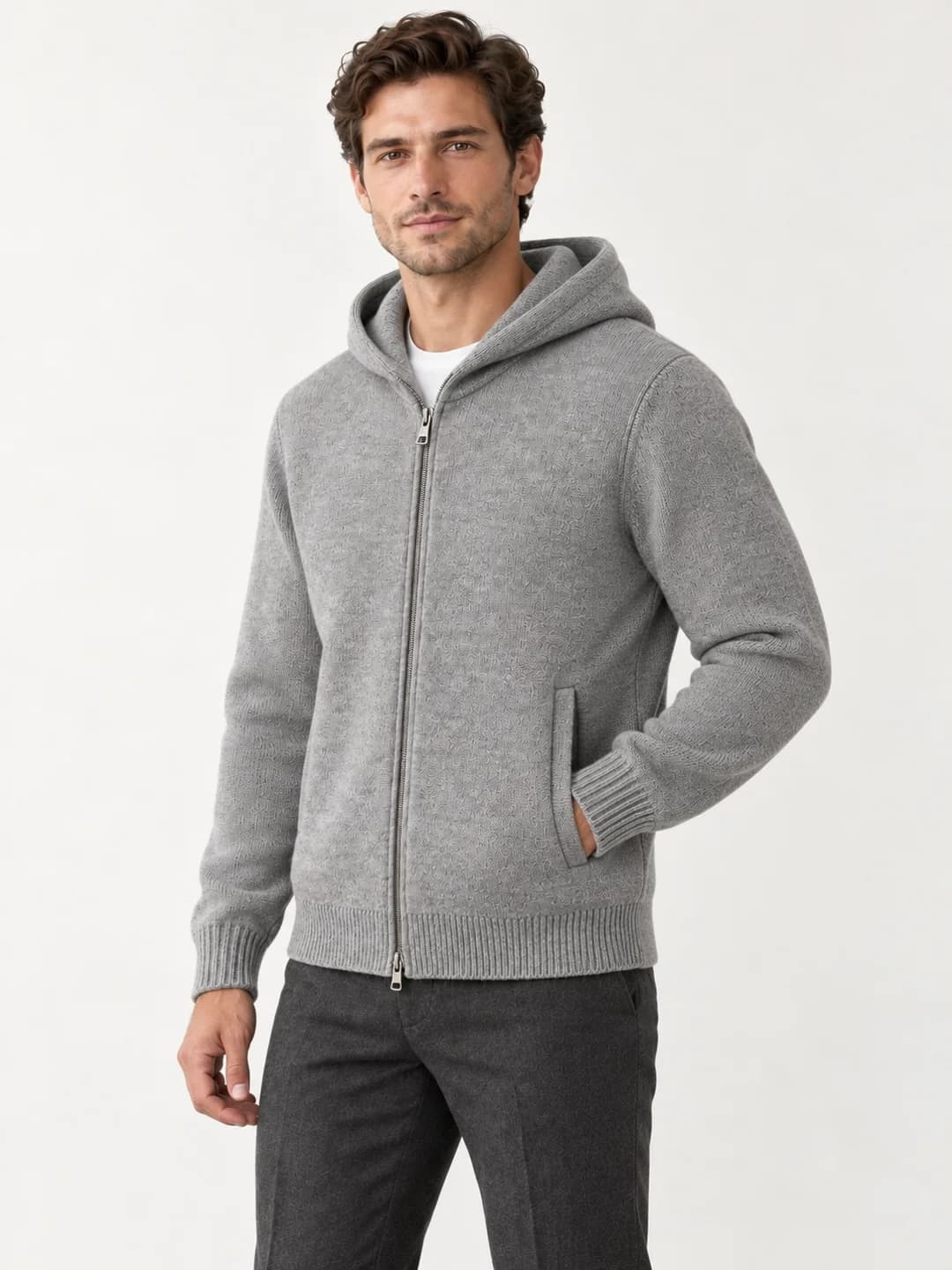 Men's Two-Way Zip Knit Hoodie Development - side reference (AI development concept)