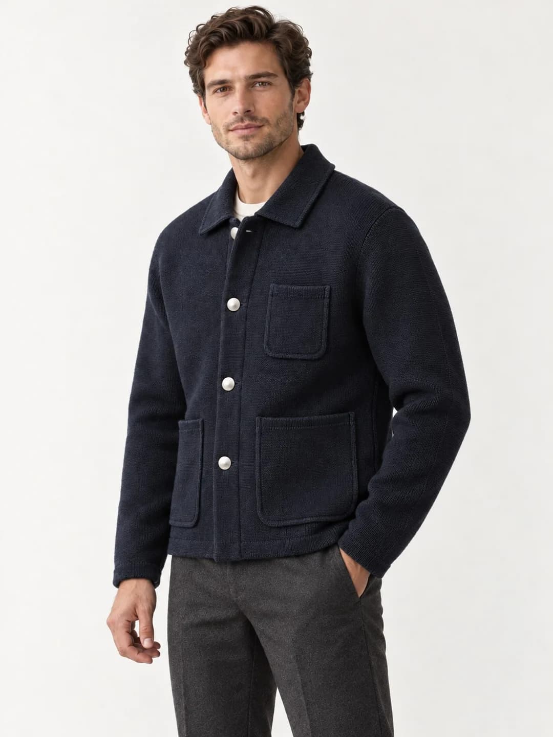 Men's Three-Pocket Knit Chore Jacket - side reference (AI development concept)