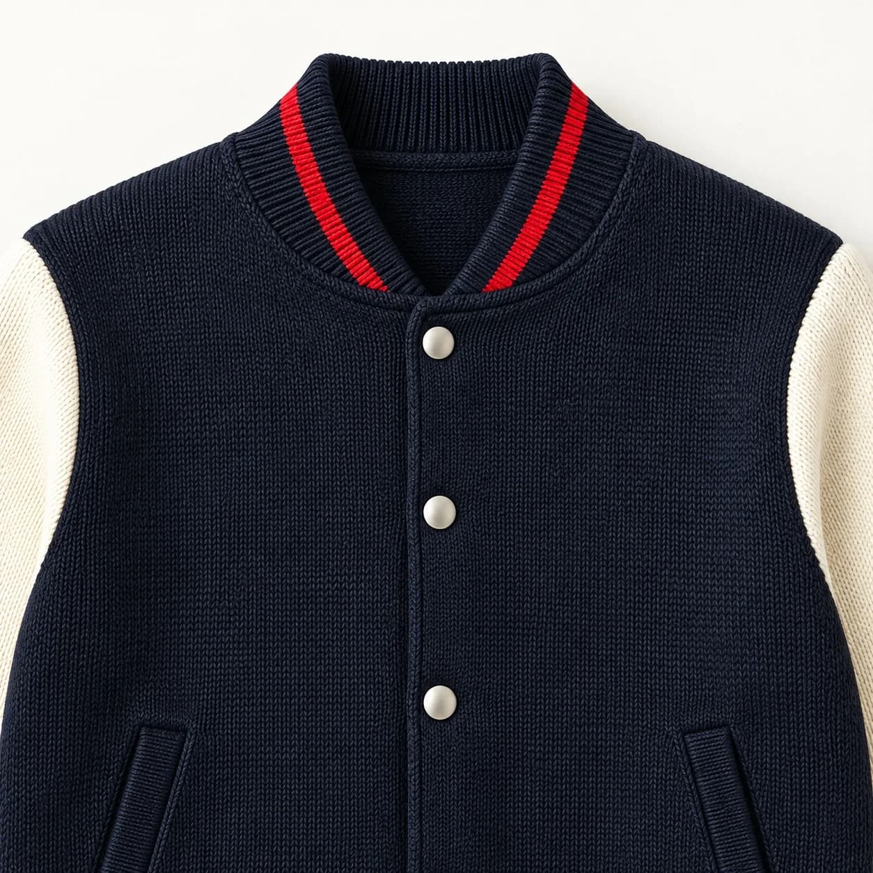 Men's Contrast-Sleeve Knit Varsity Bomber - trim reference (AI development concept)