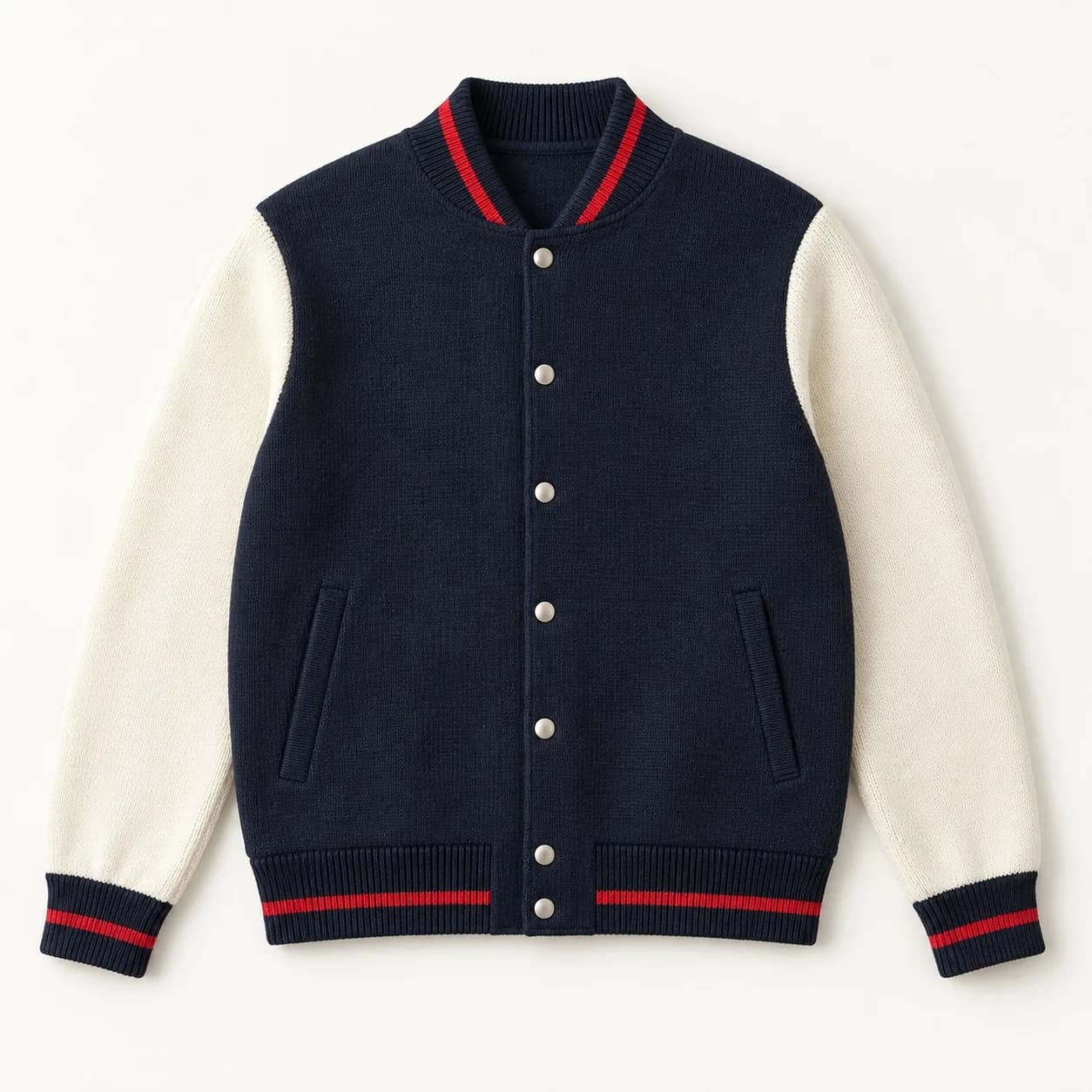 Men's Contrast-Sleeve Knit Varsity Bomber - front reference (AI development concept)