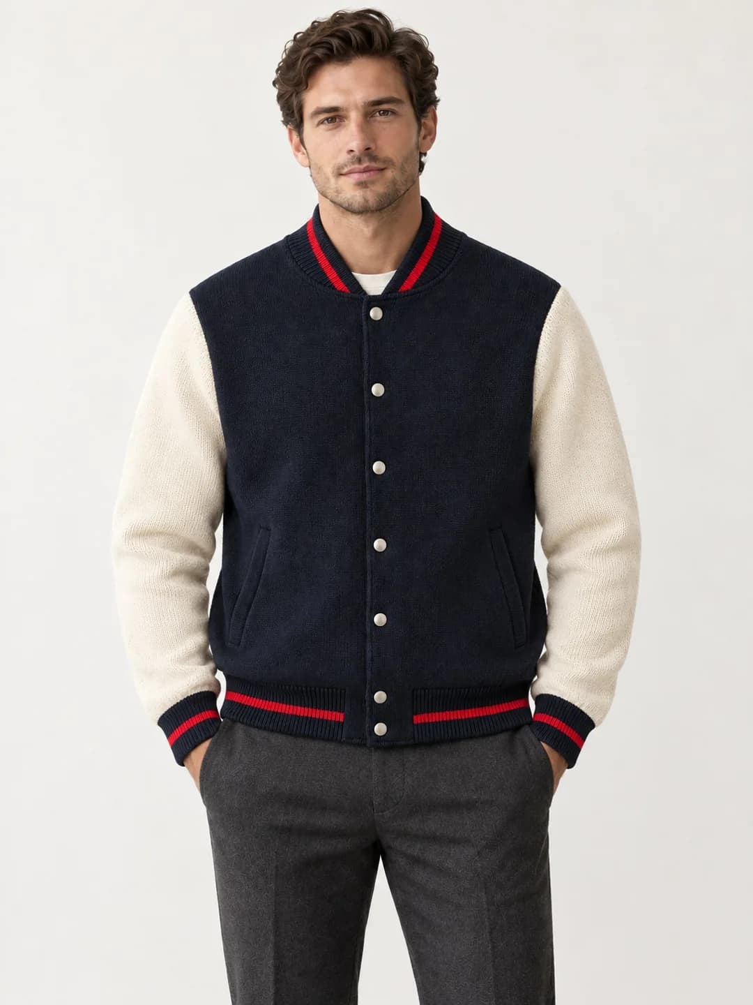 Men's Contrast-Sleeve Knit Varsity Bomber - model or use reference (AI development concept)