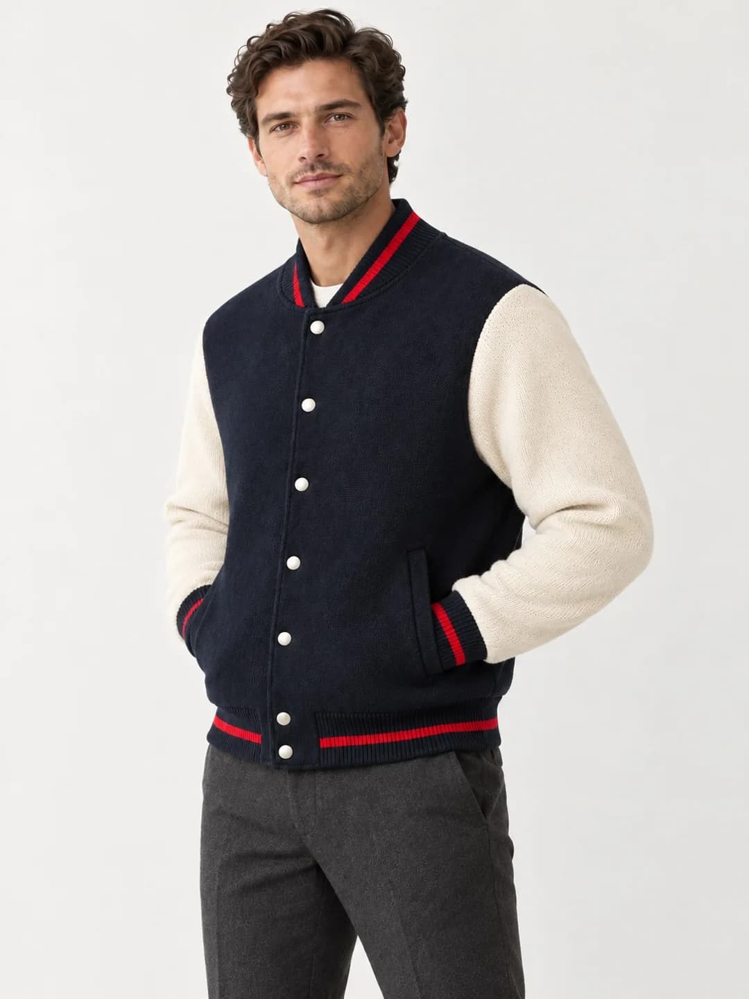 Men's Contrast-Sleeve Knit Varsity Bomber - side reference (AI development concept)