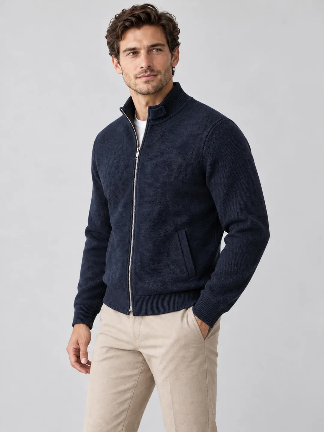 Men's Cotton Knit Harrington Jacket - side reference (AI development concept)