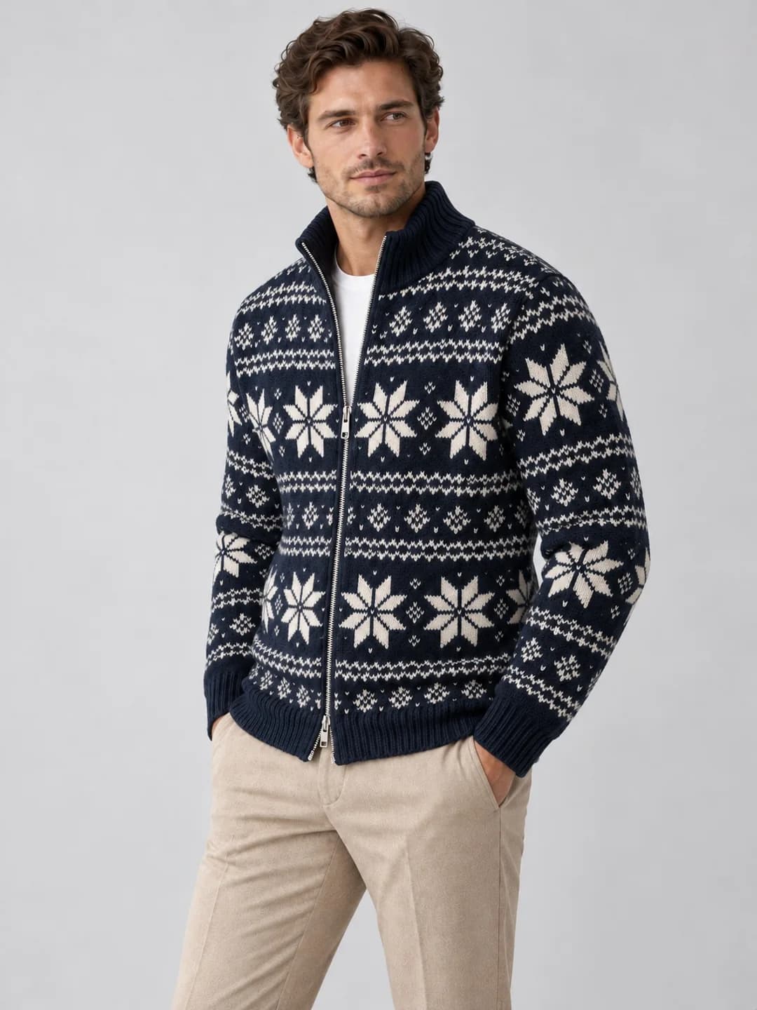 Men's Snowflake Jacquard Full-Zip Jacket - side reference (AI development concept)