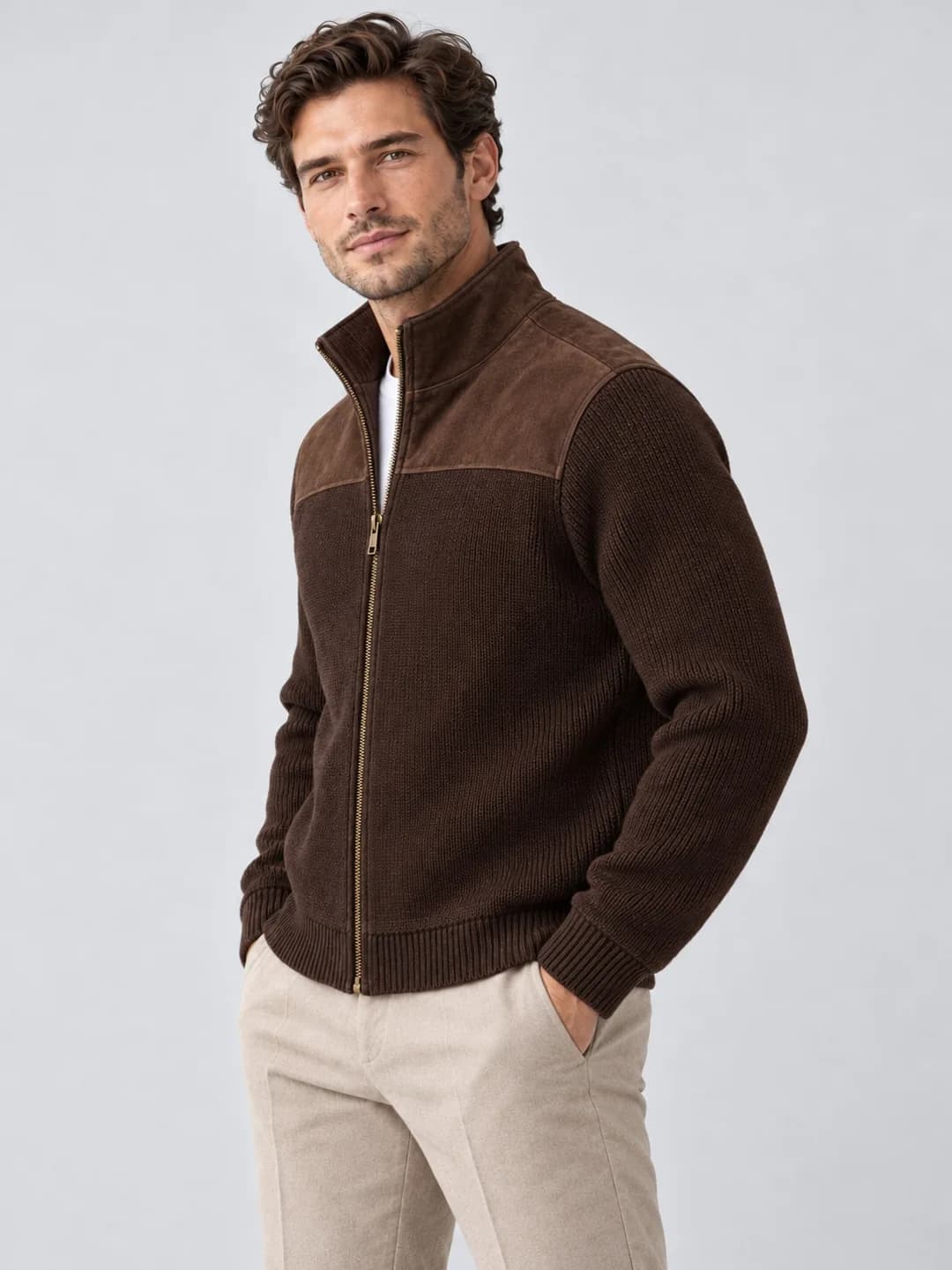 Men's Faux-Suede Yoke Knit Zip Jacket - side reference (AI development concept)