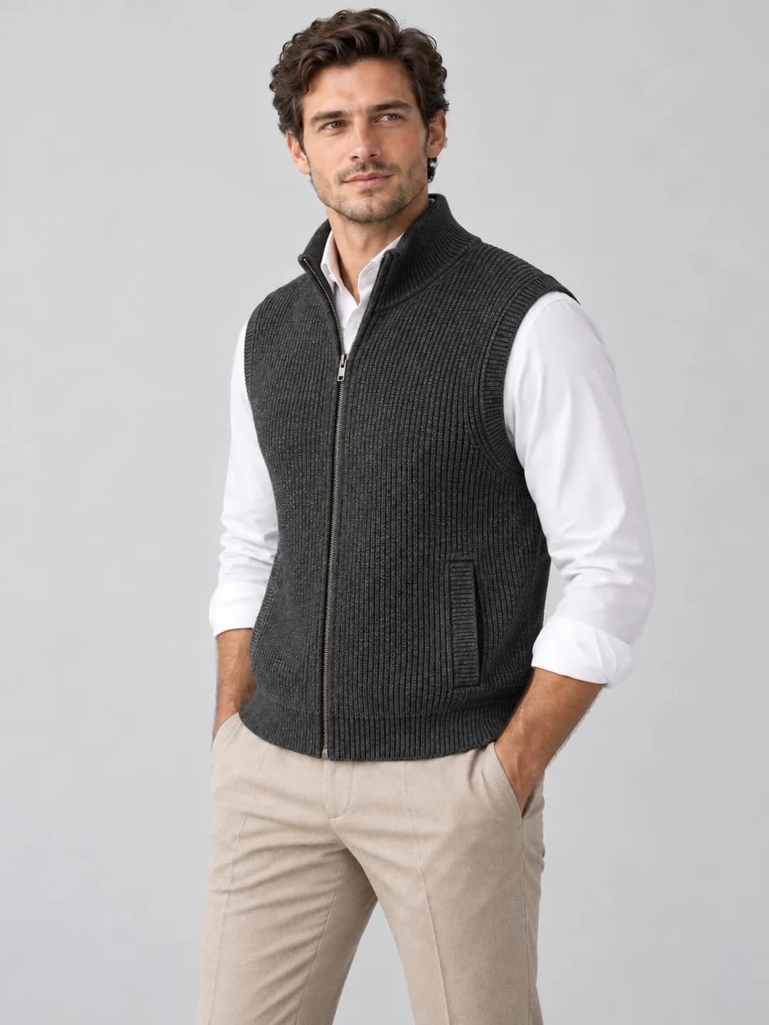 Men's Stand-Collar Full-Zip Knit Gilet - side reference (AI development concept)