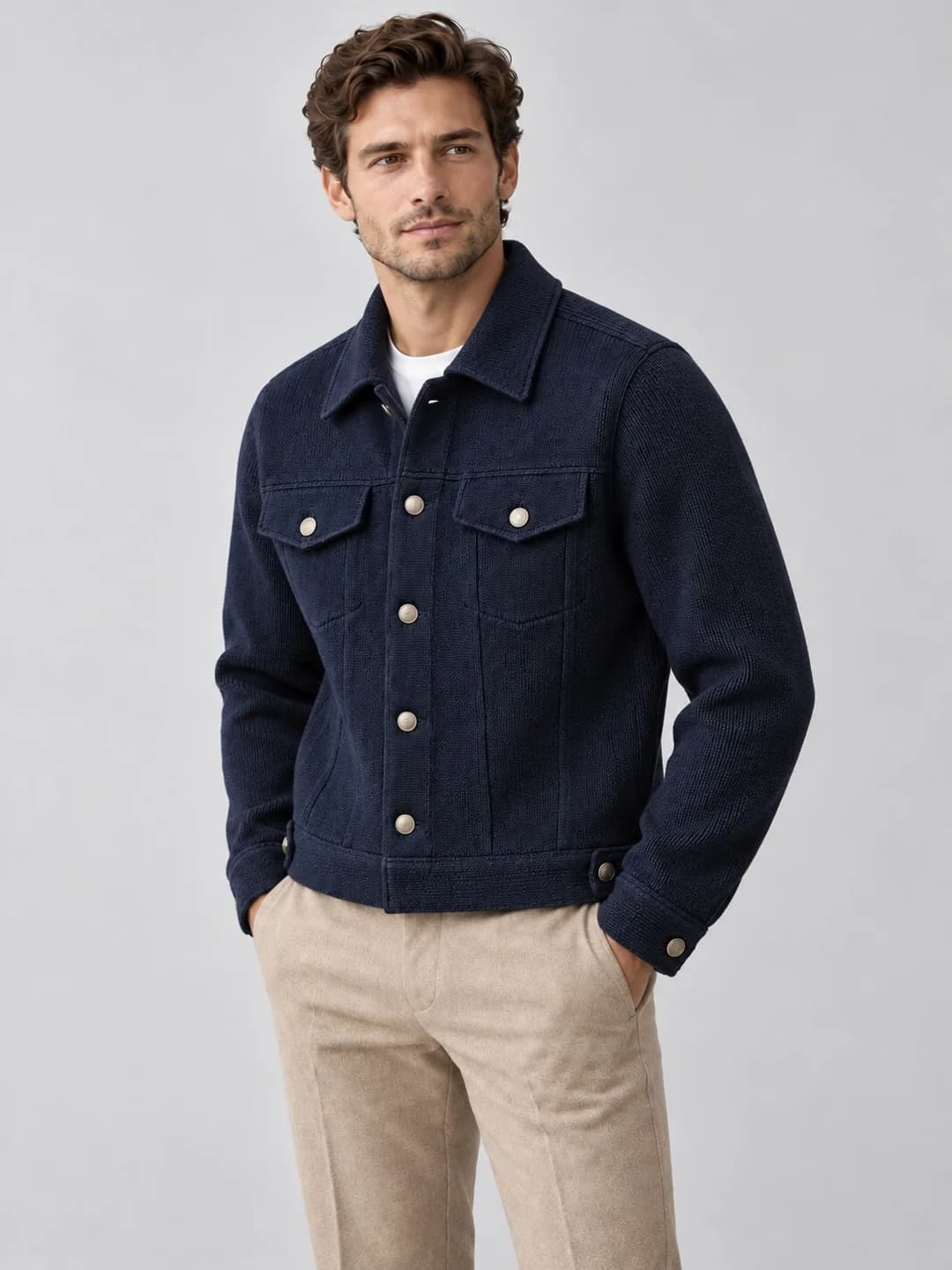 Men's Cotton Knit Trucker Jacket - side reference (AI development concept)