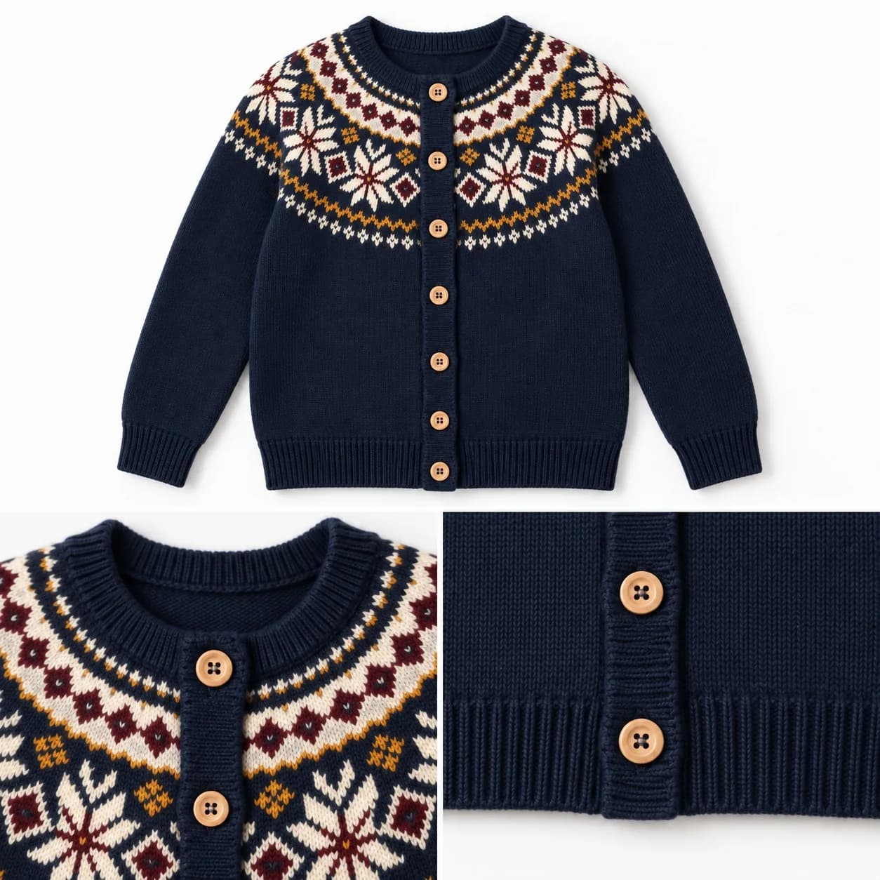 Kids Fair Isle Yoke Cardigan - trim reference (AI development concept)