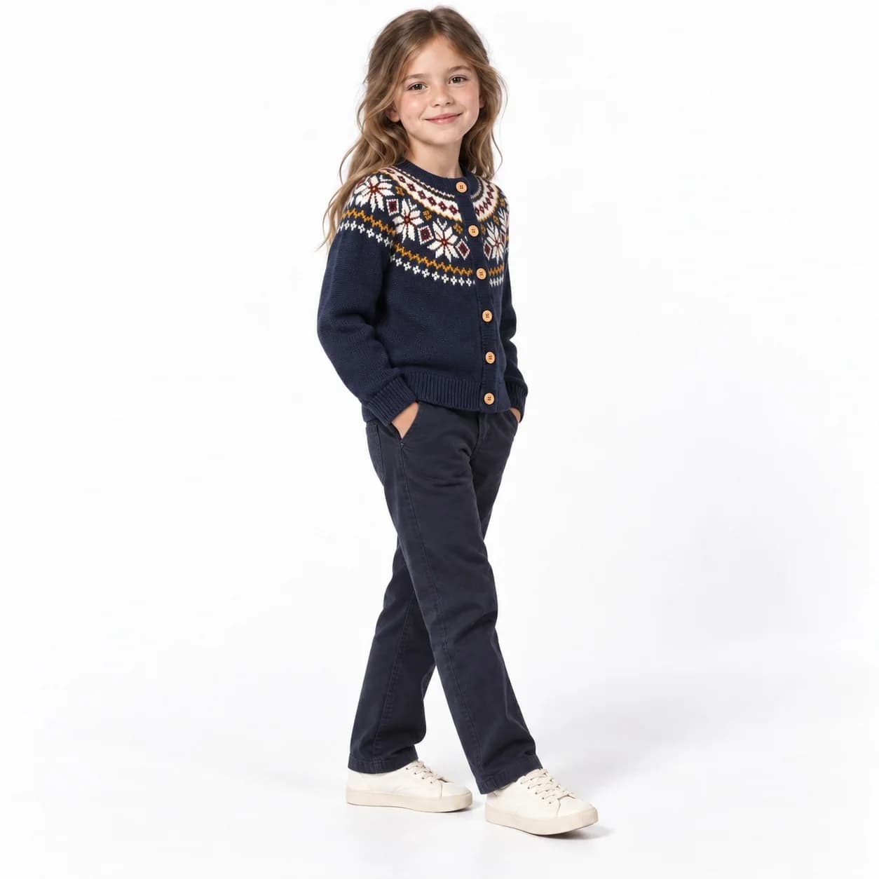 Kids Fair Isle Yoke Cardigan - side reference (AI development concept)