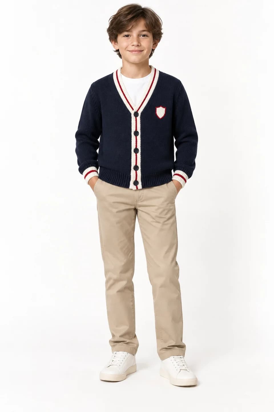 Youth Tipped Varsity V-Neck Cardigan - model or use reference (AI development concept)