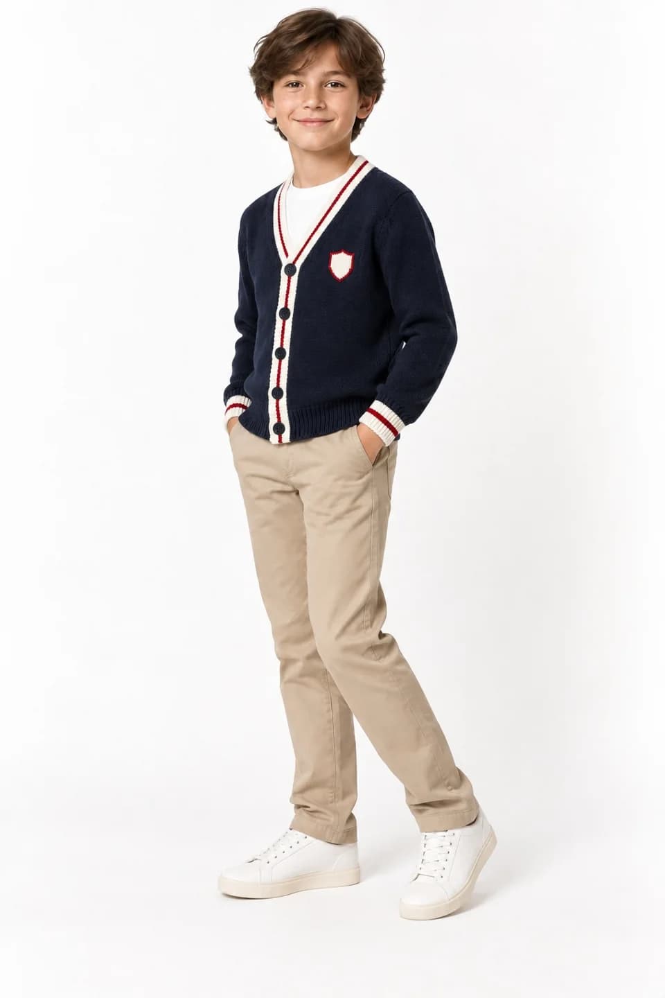 Youth Tipped Varsity V-Neck Cardigan - side reference (AI development concept)