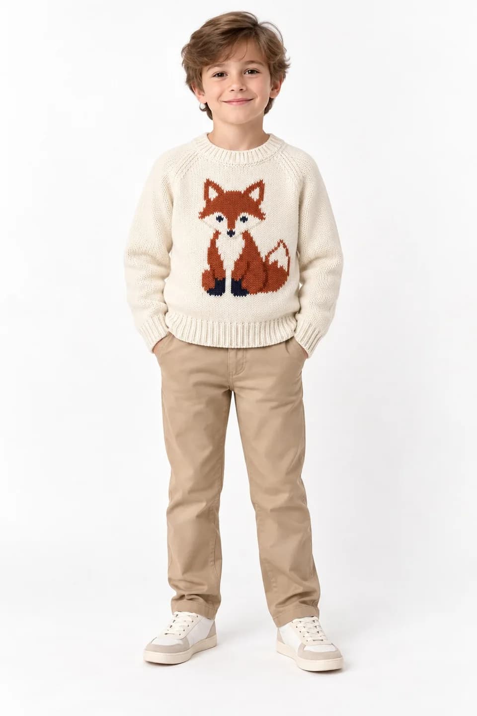 Kids Animal Intarsia Crew Sweater - model or use reference (AI development concept)