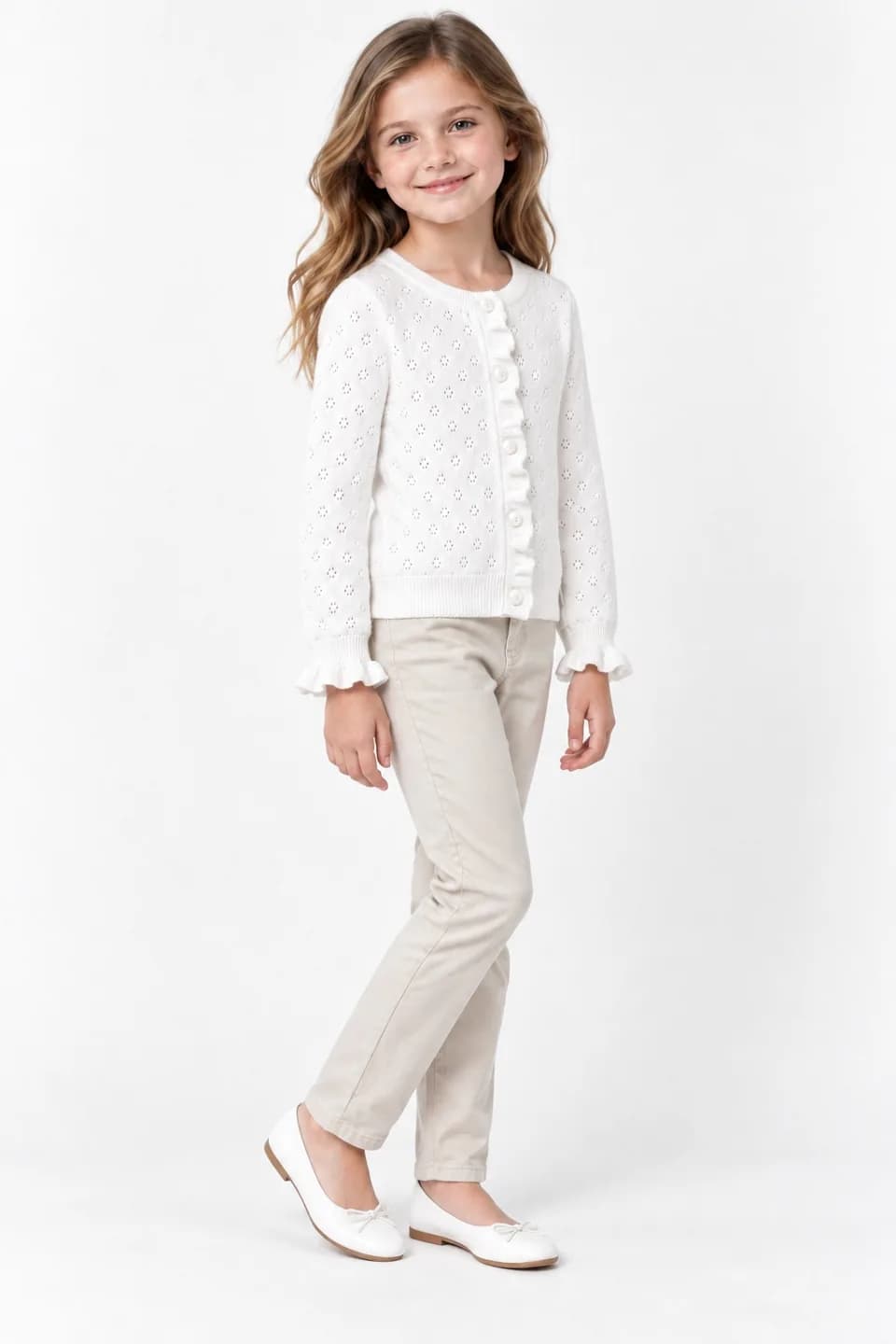 Girls Pointelle Cotton Cardigan - side reference (AI development concept)