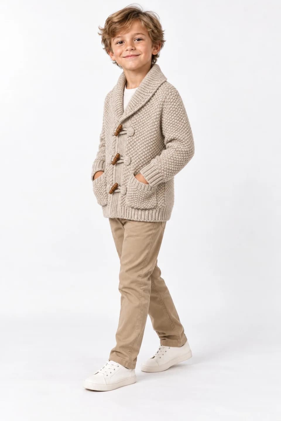 Kids Chunky Shawl Toggle Cardigan - side reference (AI development concept)