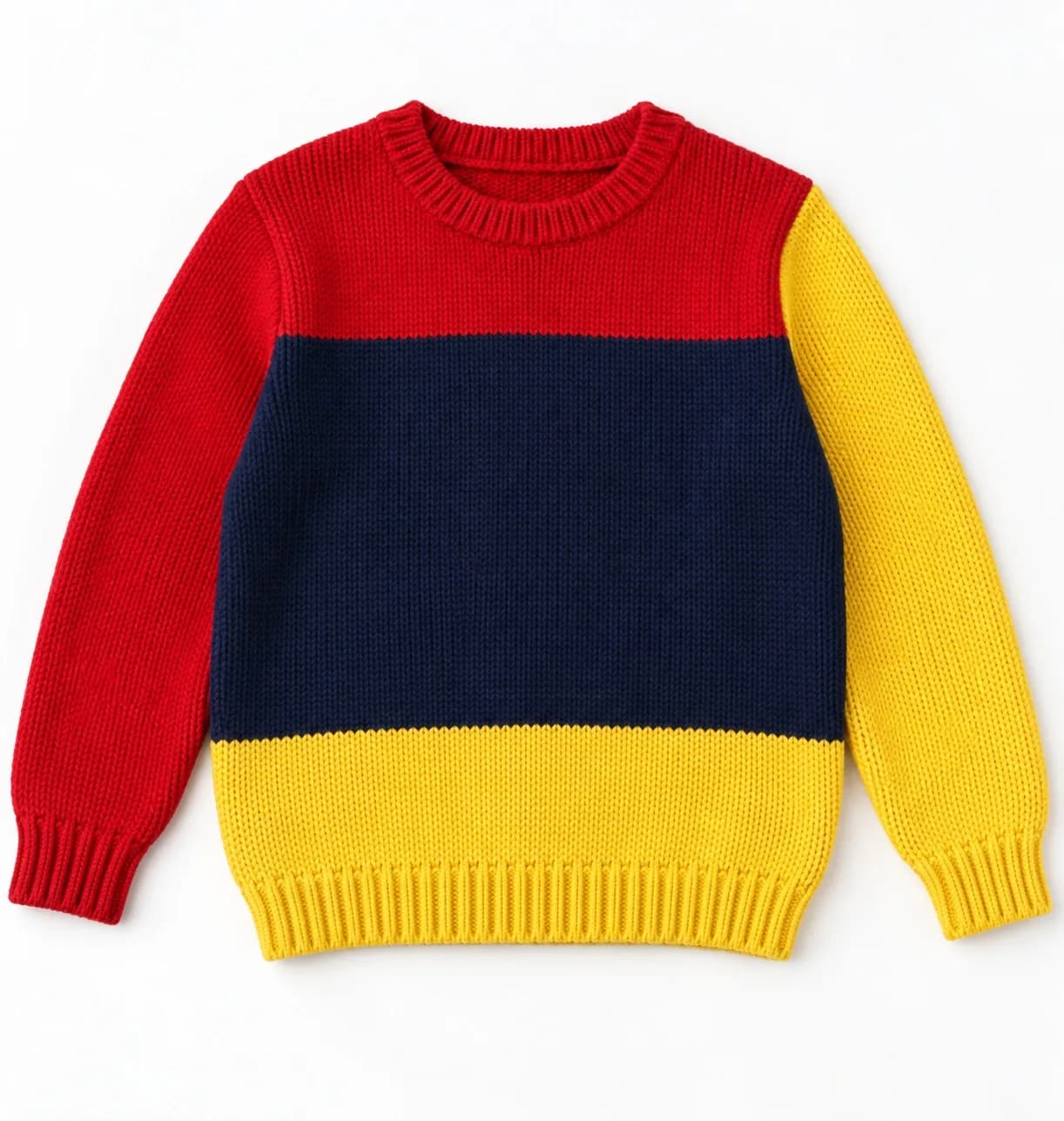 Kids Intarsia Colour-Block Crew - front reference (AI development concept)