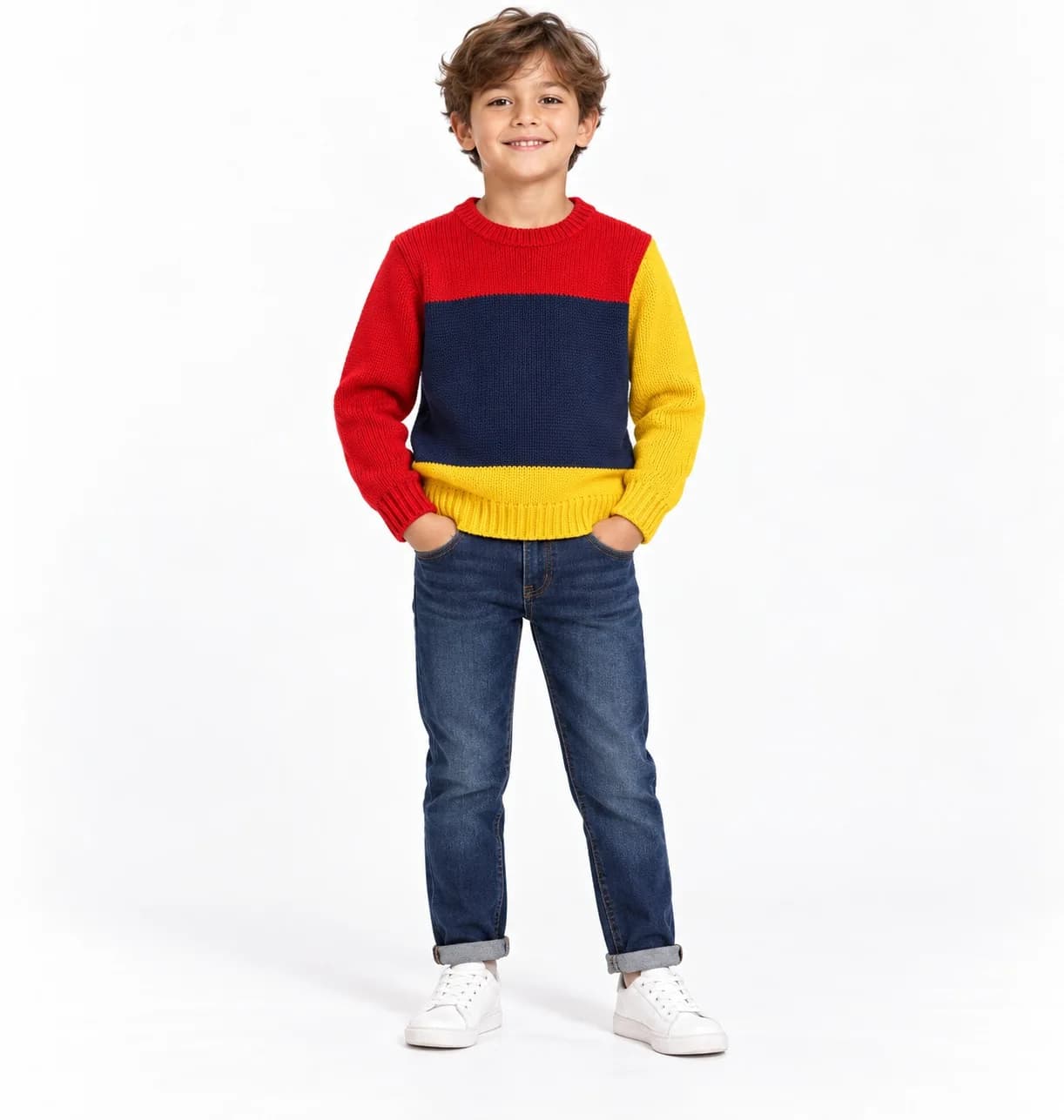 Kids Intarsia Colour-Block Crew - model or use reference (AI development concept)