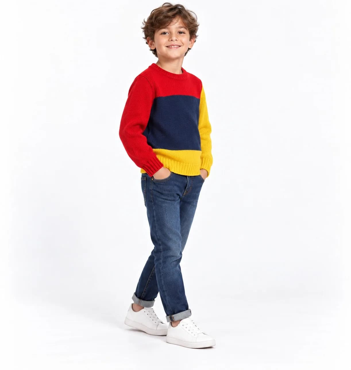 Kids Intarsia Colour-Block Crew - side reference (AI development concept)