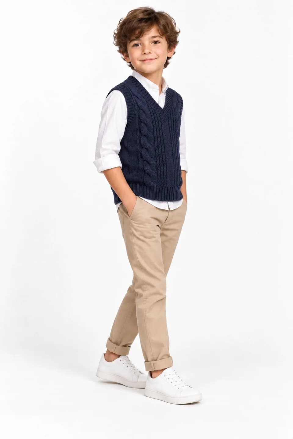 Kids Cable V-Neck Sweater Vest - side reference (AI development concept)
