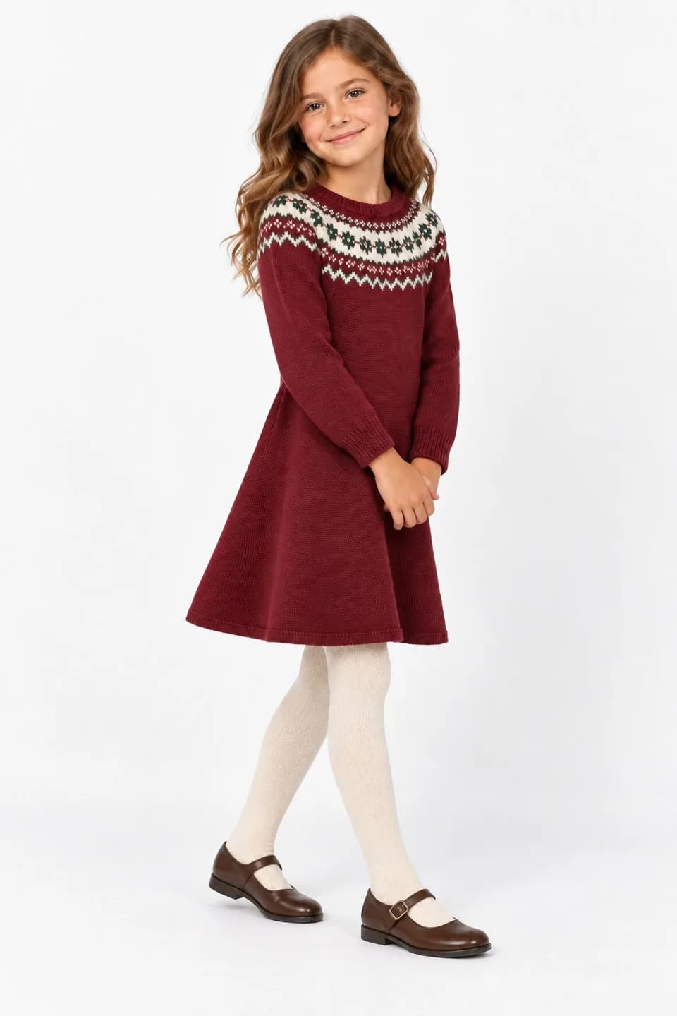 Girls Fair Isle A-Line Knit Dress - side reference (AI development concept)