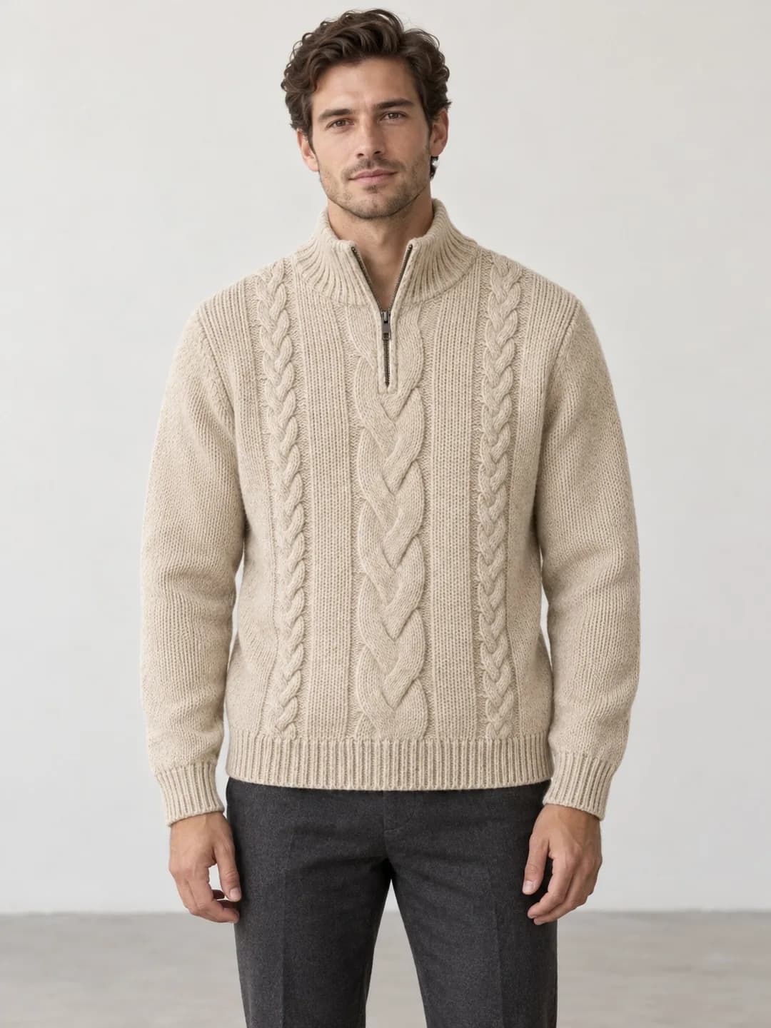 Men's Cable Quarter-Zip Mock-Neck Sweater - model or use reference (AI development concept)