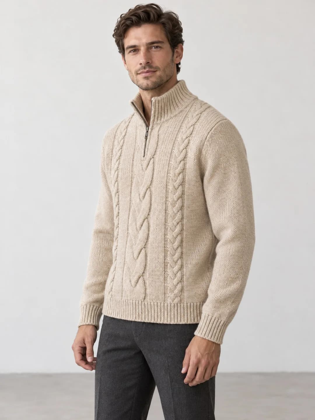 Men's Cable Quarter-Zip Mock-Neck Sweater - side reference (AI development concept)