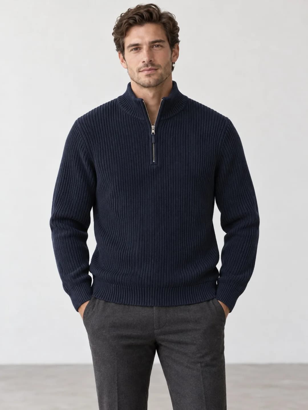 Men's Mercerized Cotton Rib Quarter-Zip Sweater - model or use reference (AI development concept)