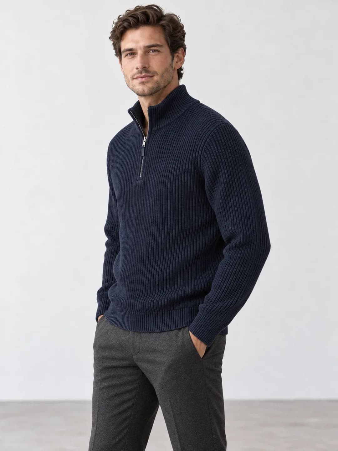 Men's Mercerized Cotton Rib Quarter-Zip Sweater - side reference (AI development concept)