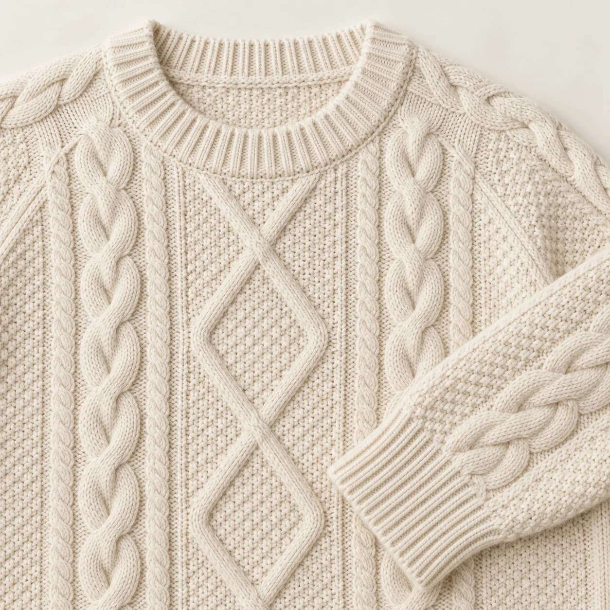 Men's Wool-Cotton Aran Crew-Neck Sweater - trim reference (AI development concept)